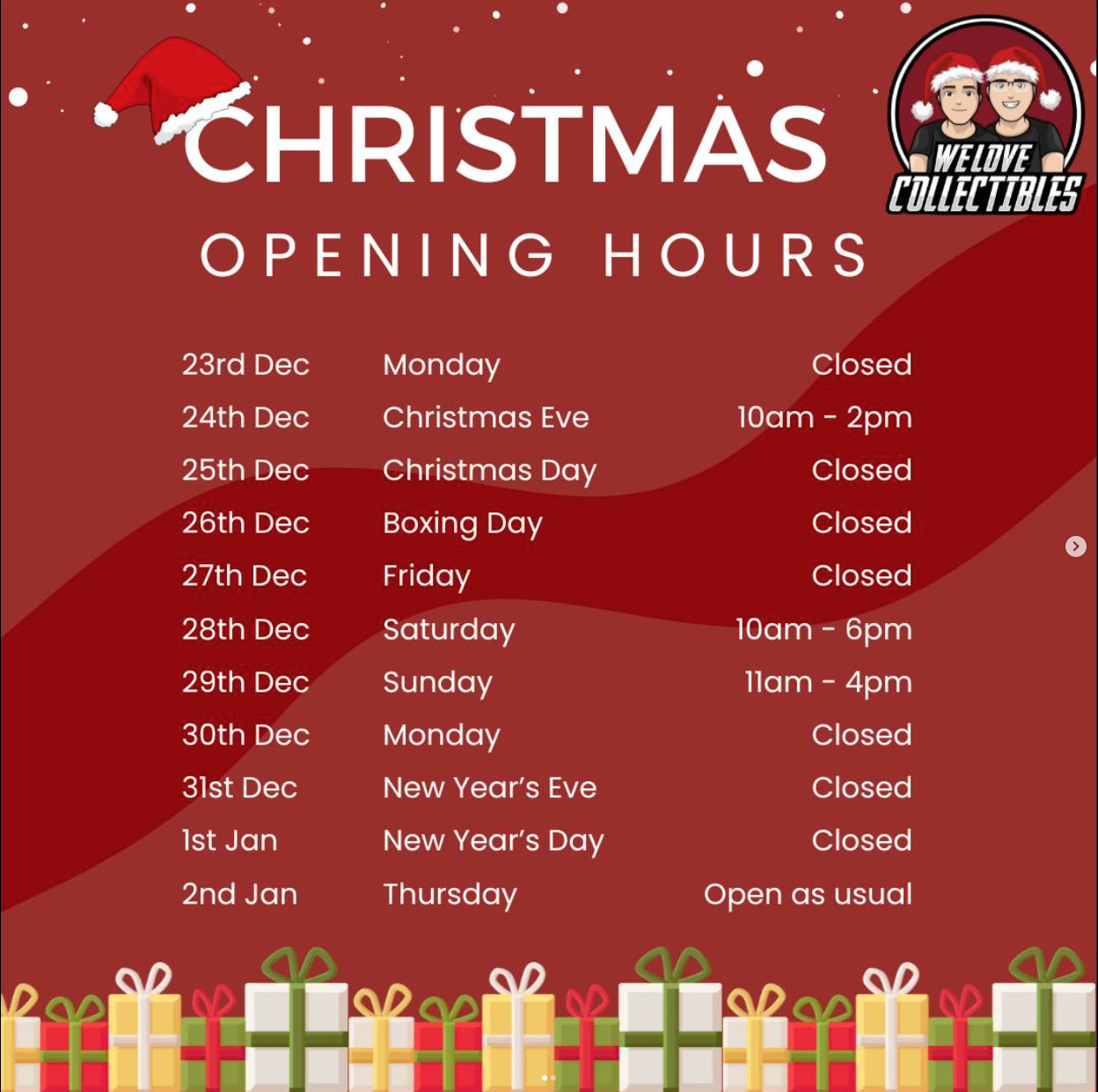 WLC Christmas Opening times