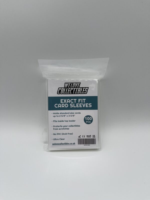 A 100 pack of We Love Collectibles branded Exact Fit Card Sleeves for double-sleeving TCG cards.