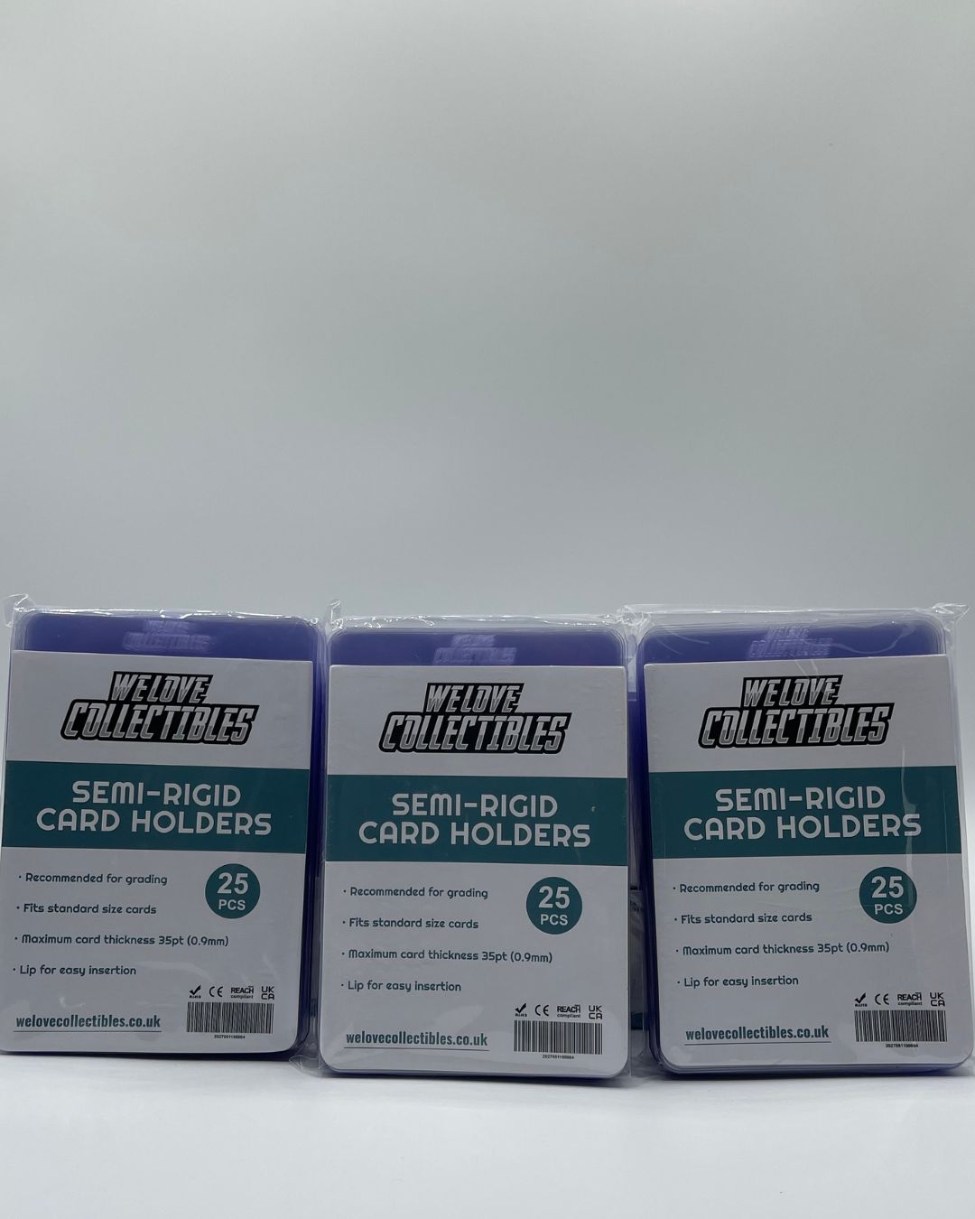 Three 25 packs of We Love Collectibles branded Semi-Rigid Card Holders.