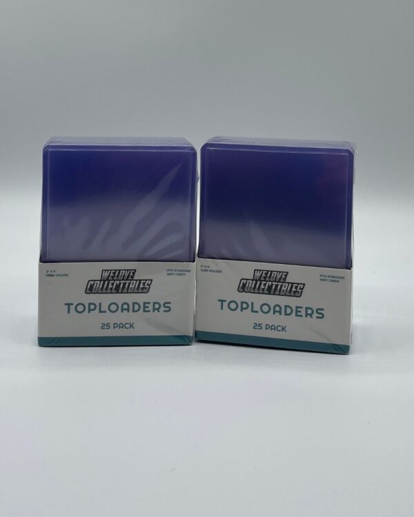 Two 25 packs of We Love Collectibles branded Toploaders for standard TCG cards.