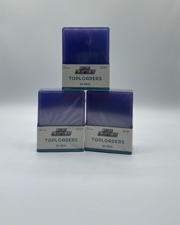 Three 25 packs of We Love Collectibles branded Toploaders arranged in a pyramid.
