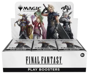 A sealed display box of Magic: The Gathering Final Fantasy Play Boosters, featuring characters like Cloud Strife and Terra Branford.