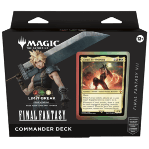 The box for the Magic: The Gathering Final Fantasy Limit Break Commander Deck, featuring Cloud Strife and the foil commander card.