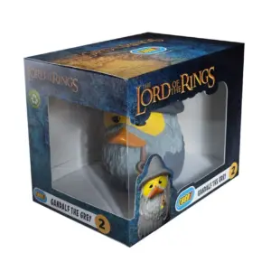 The Tubbz collectible duck of Gandalf the Grey from The Lord of the Rings, shown in its display box.