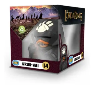 The Tubbz collectible duck of an Uruk-hai from The Lord of the Rings, shown in its display box and featuring the White Hand of Saruman.