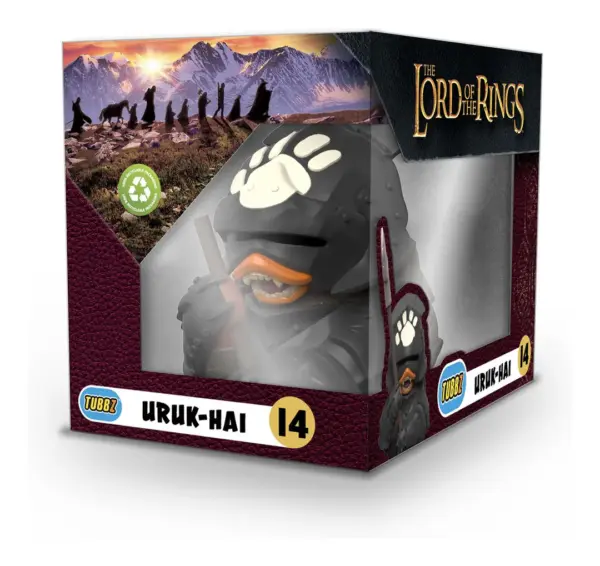 The Tubbz collectible duck of an Uruk-hai from The Lord of the Rings, shown in its display box and featuring the White Hand of Saruman.
