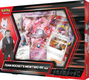 The retail box for the Pokémon TCG Team Rocket's Mewtwo ex Box, showcasing the foil promo cards of Mewtwo ex, Meowth, and Giovanni.