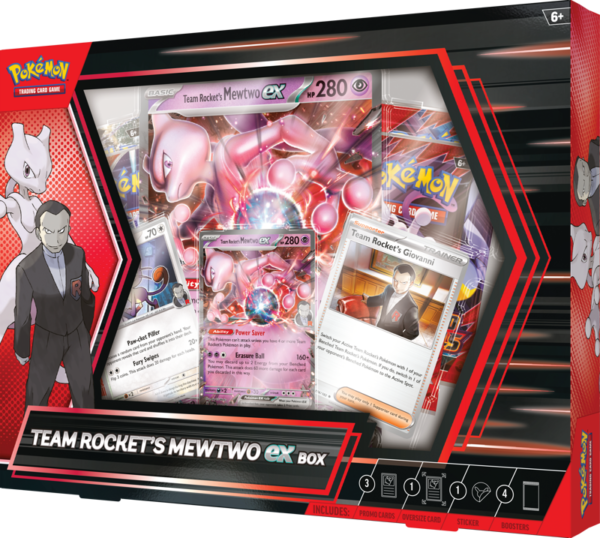 The retail box for the Pokémon TCG Team Rocket's Mewtwo ex Box, showcasing the foil promo cards of Mewtwo ex, Meowth, and Giovanni.
