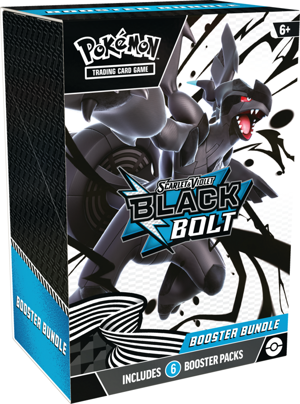 The Pokémon TCG Black Bolt Booster Bundle box, featuring Zekrom and containing 6 booster packs.