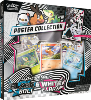 The Pokémon TCG Black Bolt & White Flare Unova Poster Collection, showing the three starter promo cards and poster.