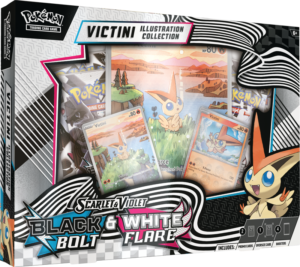 The Pokémon TCG Black Bolt & White Flare Victini Illustration Collection box, showing the Victini promo cards and booster packs.