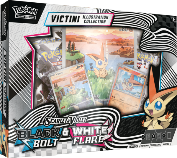 The Pokémon TCG Black Bolt & White Flare Victini Illustration Collection box, showing the Victini promo cards and booster packs.