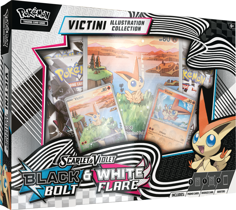 The Pokémon TCG Black Bolt & White Flare Victini Illustration Collection box, showing the Victini promo cards and booster packs.