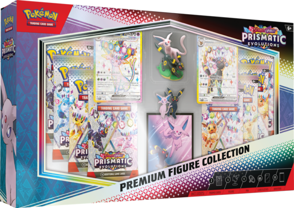 The box for the Pokémon TCG Prismatic Evolutions Premium Figure Collection, showing the Espeon and Umbreon figure and promo cards.