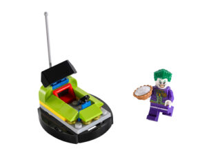 The LEGO DC Comics Super Heroes The Joker Bumper Car set 30303, showing the buildable bumper car and the Joker minifigure holding a pie.