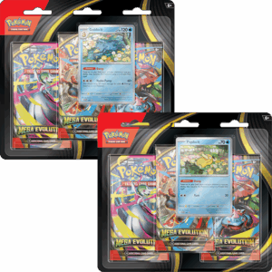 The two versions of the Pokémon TCG Mega Evolution Triple Blister, one featuring a Psyduck promo card and the other a Golduck promo card.