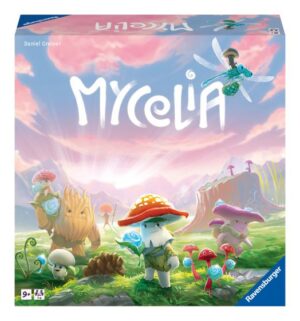 The box art for the Mycelia board game, showing a colourful world inhabited by mushroom people.