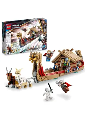 The box and full build for the LEGO Marvel The Goat Boat set 76208, showing the longboat, goats, and all 5 minifigures.