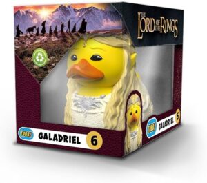 The Tubbz collectible duck of Galadriel from The Lord of the Rings, shown in its display box.