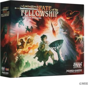 The box art for The Lord of the Rings - Fate of the Fellowship Board Game, showing Frodo, Galadriel, and other characters.