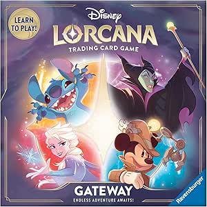 The box for Disney Lorcana Gateway, a learn-to-play trading card game featuring Mickey, Elsa, Stitch, and Maleficent.