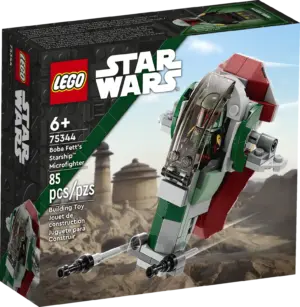 The box for the LEGO Star Wars Boba Fett's Starship Microfighter 75344, showing the buildable ship and Boba Fett minifigure.