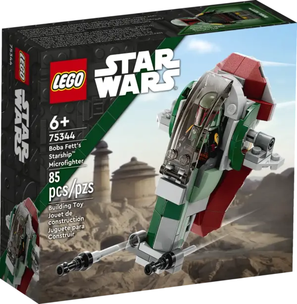 The box for the LEGO Star Wars Boba Fett's Starship Microfighter 75344, showing the buildable ship and Boba Fett minifigure.