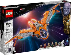 The box for the LEGO Marvel The Guardians' Ship set 76193, showing the completed ship and all included minifigures.