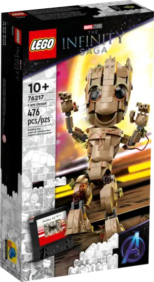 The box for the LEGO Marvel I am Groot set 76217, showing the buildable Groot figure and its accessories.
