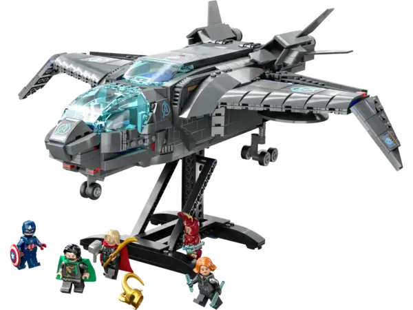 The completed LEGO Marvel The Avengers Quinjet model on its display stand with the included minifigures.