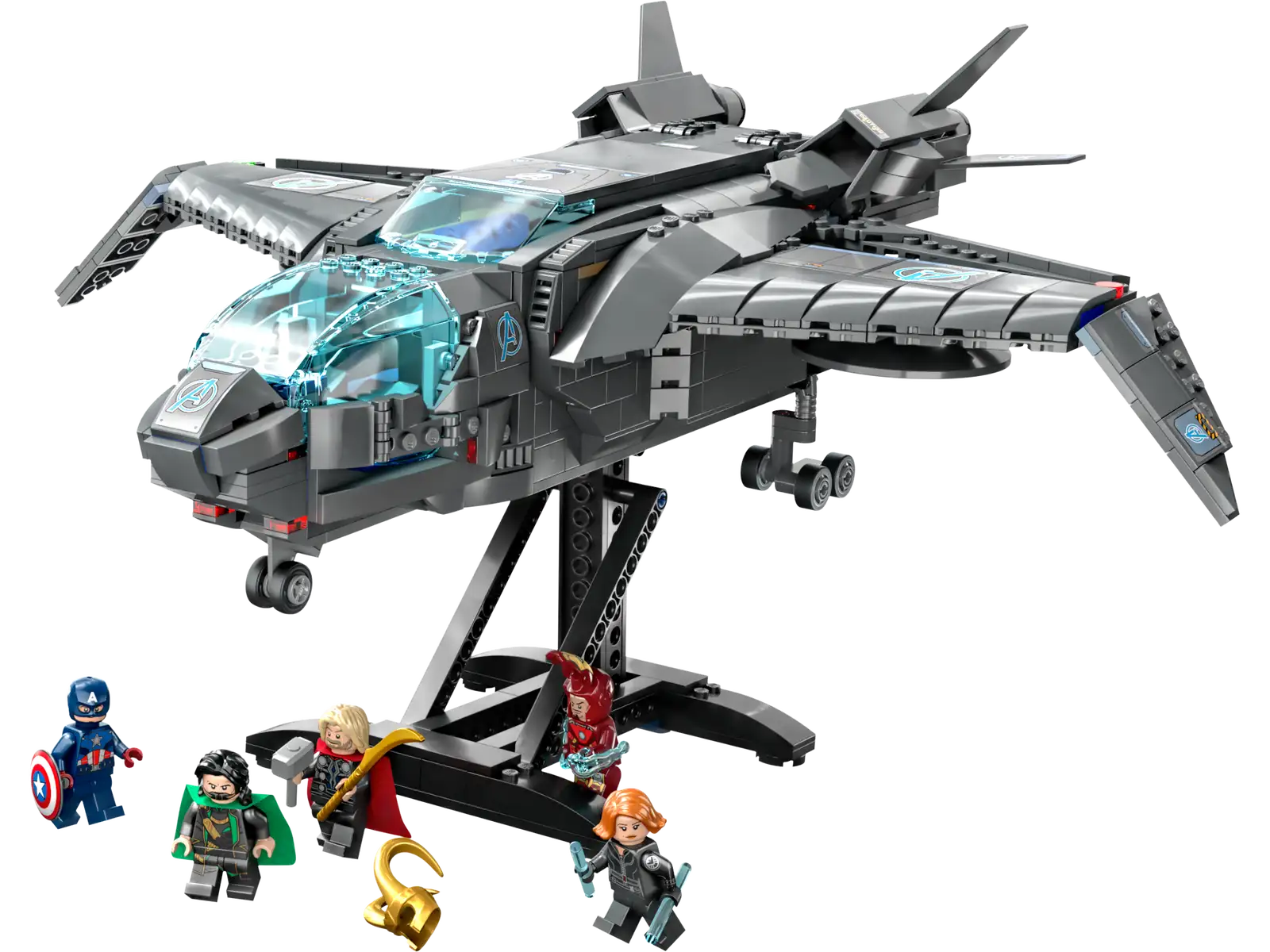 The completed LEGO Marvel The Avengers Quinjet model on its display stand with the included minifigures.