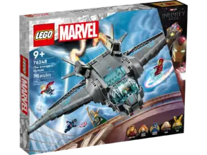 The box for the LEGO Marvel The Avengers Quinjet set 76248, showing the Quinjet in flight with all 5 minifigures.