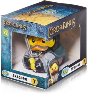 The Tubbz collectible duck of Aragorn from The Lord of the Rings, shown in its display box dressed as Strider and holding his sword.