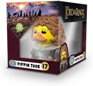 The Tubbz collectible duck of Pippin Took from The Lord of the Rings, shown in its display box wearing his Guard of the Citadel uniform.
