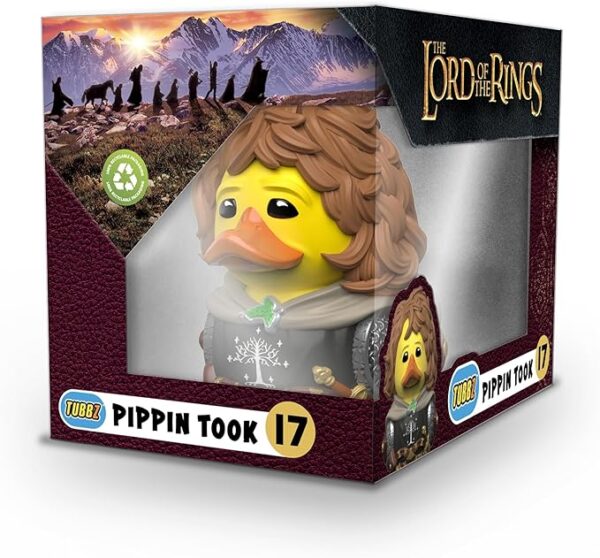 The Tubbz collectible duck of Pippin Took from The Lord of the Rings, shown in its display box wearing his Guard of the Citadel uniform.