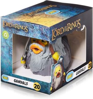 The Tubbz collectible duck of Gandalf from The Lord of the Rings, shown in its display box holding his wizard's staff.