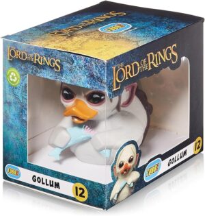 The Tubbz collectible duck of Gollum from The Lord of the Rings, shown in its display box and holding a fish.