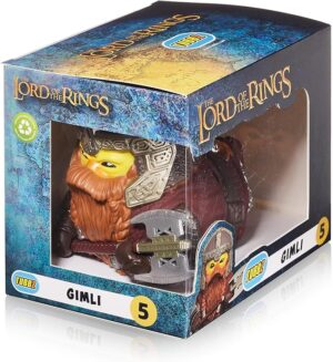The Tubbz collectible duck of Gimli from The Lord of the Rings, shown in its display box wielding his battle axe.