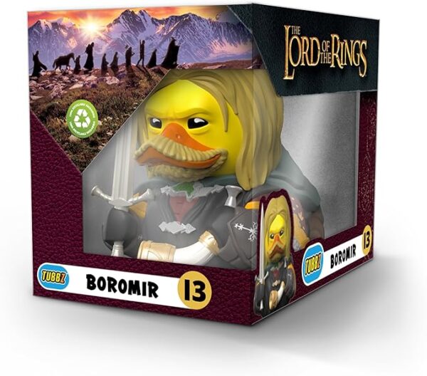 The Tubbz collectible duck of Boromir from The Lord of the Rings, shown in its display box holding his sword and the Horn of Gondor.