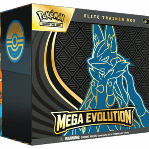 The box for the Pokémon TCG Mega Evolution Elite Trainer Box, themed with Mega Lucario artwork.