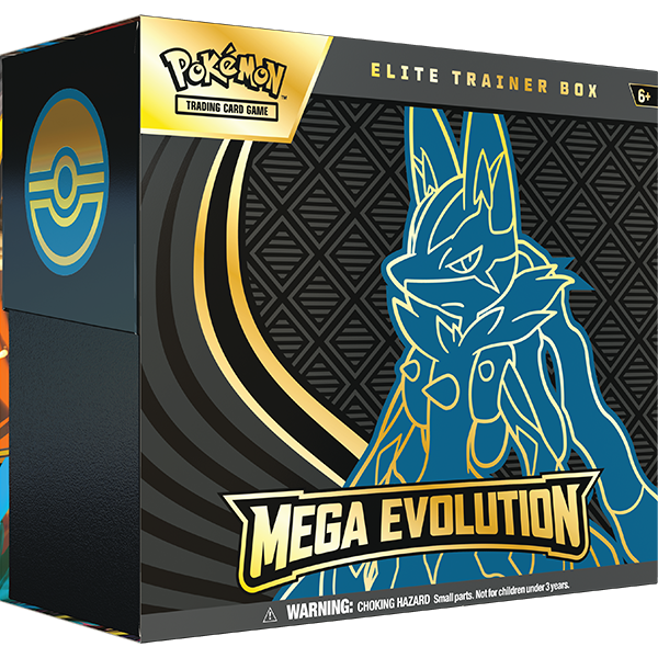 The box for the Pokémon TCG Mega Evolution Elite Trainer Box, themed with Mega Lucario artwork.