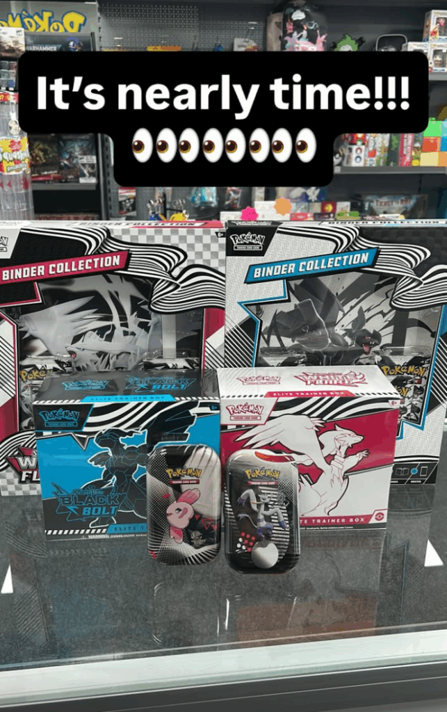 A display of Pokémon TCG Black Bolt and White Flare Elite Trainer Boxes, Binder Collections, and Mini Tins in the We Love Collectibles store on release day.