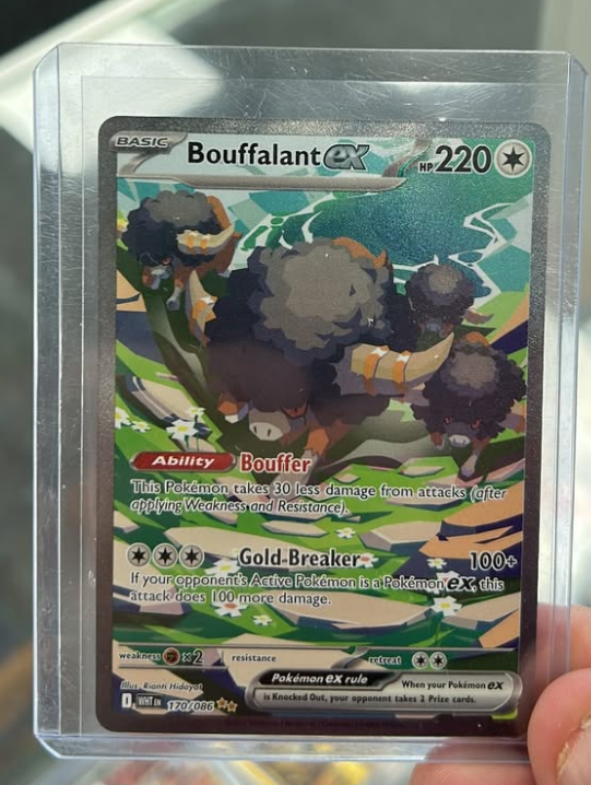 The full-art Illustration Rare Bouffalant ex card from the Pokémon Black & White Flare set, held in a protective sleeve.