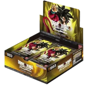 A sealed booster display box for the Dragon Ball Super Card Game Fusion World set, Raging Roar (FB03), featuring the iconic Super Saiyan 4 Goku.