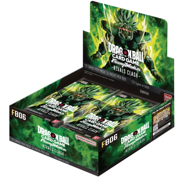 A sealed booster display box for the Dragon Ball Super Card Game Fusion World set, Rivals Clash (FB06), featuring artwork of the legendary Super Saiyan Broly.