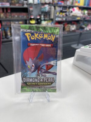 A sealed Pokémon TCG Diamond & Pearl Secret Wonders booster pack featuring the Weavile artwork, housed in a protective acrylic case.