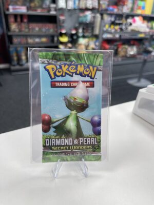 A sealed Pokémon TCG Diamond & Pearl Secret Wonders booster pack featuring the Roserade artwork, displayed in a protective acrylic case.
