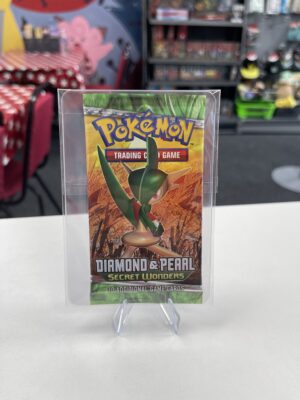 A sealed Pokémon TCG Diamond & Pearl Secret Wonders booster pack featuring the Gallade artwork, presented in a protective acrylic case.