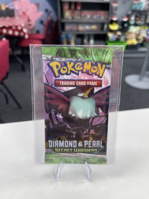A sealed Pokémon TCG Diamond & Pearl Secret Wonders booster pack featuring the Honchkrow artwork, displayed in a protective acrylic case.