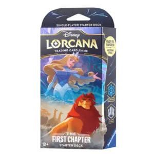 The retail box for the Disney Lorcana: The First Chapter Sapphire & Steel Starter Deck, featuring artwork of Aurora and Simba.
